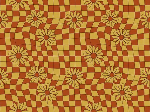 Retro Wavy Checkerboard Pattern with Daisy Flowers