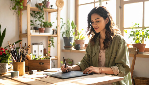 A focused female graphic designer works on a digital tablet in a sunlit, plantfilled home studio. This creative workspace evokes inspiration, artistic passion, and modern professional productivity.