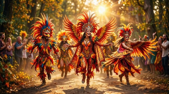 People wearing vibrant turkey costumes celebrating a festive thanksgiving parade in a sunny forest park setting