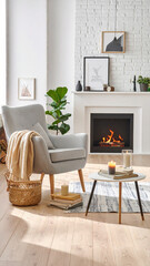 Obraz premium A cozy living room interior with a warm fireplace, grey armchair, and soft decor. This peaceful space offers a serene, inviting atmosphere, perfect for reading. Nobody, no people present.
