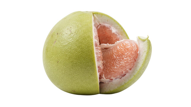 Fresh pomelo fruit with green peel and pink pulp, sliced open citrus maxima on white background, organic tropical shaddock for healthy diet