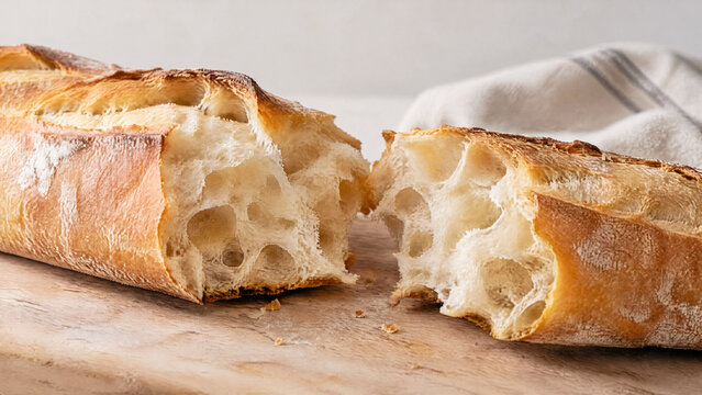 Fresh bread cut in half showing texture and crust on a wooden board