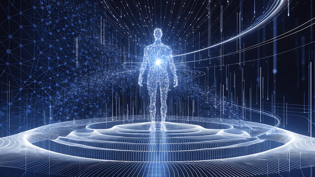 Glowing Digital Human Avatar Standing on Futuristic Circular Data Stage - AI Metaverse Concept   