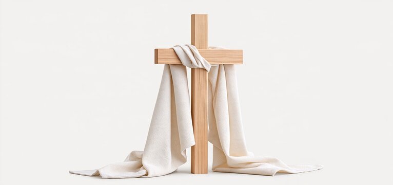 A soft cream fabric gently draped over a simple wooden cross on a neutral background, evoking Easter themes.
