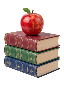 Red apple on a stack of three vintage books on transparent background