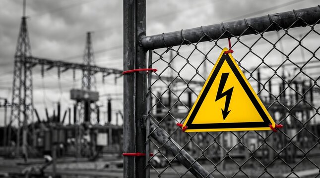 High voltage warning sign on wire fence by electric power grid facility.
