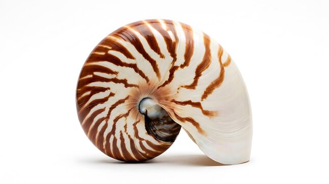 Stunning chambered nautilus seashell showing logarithmic spiral growth and brown stripes isolated on white background