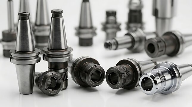 Professional industrial equipment featuring metal tool holders and collets for precision engineering machining and factory manufacturing operations