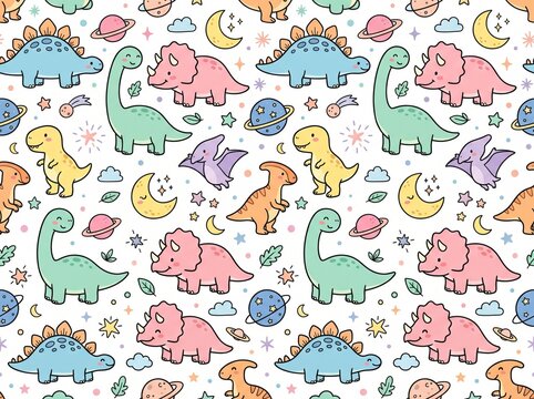 Seamless pattern with cute cartoon dinosaurs and space elements