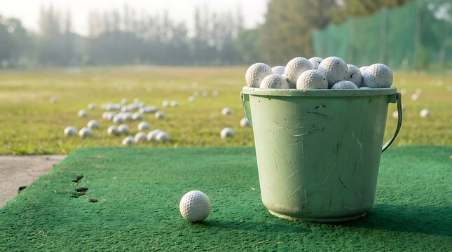 A green bucket filled with white golf balls sitting on a driving range mat with a golf ball placed outside