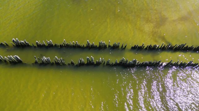 Aerial drone view of old Lapmezciems pier between Lapmezciems and Bigaunciems villages, Latvia