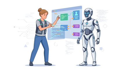 Fototapeta premium Woman Programmer Interacting with AI Robot and Futuristic Interface for Coding and Development
