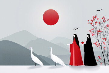 Obraz premium Red sun, crane, mountain, and two figure share story in flat Japanese art