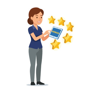 Woman rating product on tablet with stars and glowing rating.