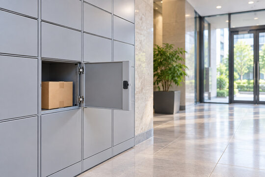Smart parcel locker with package for contactless delivery in modern apartment lobby