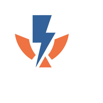 Blue lightning bolt with orange wings logo