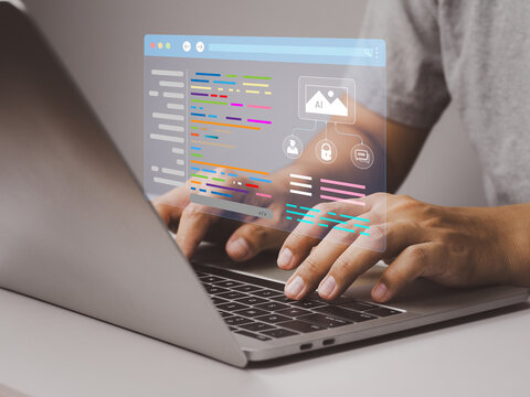Person typing on laptop with transparent coding interface overlay showing colorful code, AI diagram and security icons, focused workspace