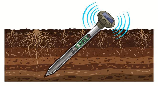 Smart Soil Moisture and Nutrient Telemetry Sensor Probe Installed in Agricultural Ground
