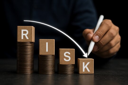 Hand adjusting wooden blocks spelling risk with descending arrow indicating risk reduction