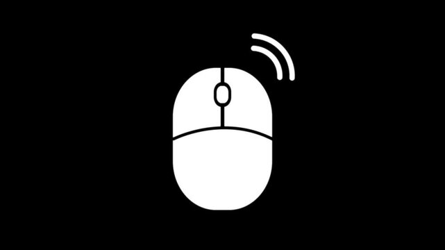 Wireless Computer Mouse Icon Animation with Signal Waves and Click Indicator on black Background
