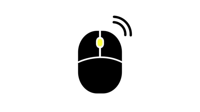 Wireless Computer Mouse Icon Animation with Signal Waves and Click Indicator on White Background and button press symbols. PC cursor icon.