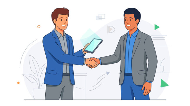 Business partners shaking hands, finalizing agreement with tablet presentation, modern vector illustration