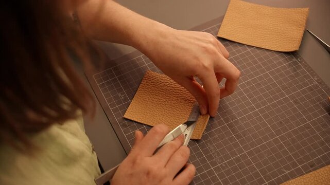 Female artisan cuts natural leather with a utility knife and metal ruler at a workbench. Leathercraft process for handmade goods, design, small business and manufacturing