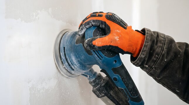 Worker sands wall with power tool during construction renovation.