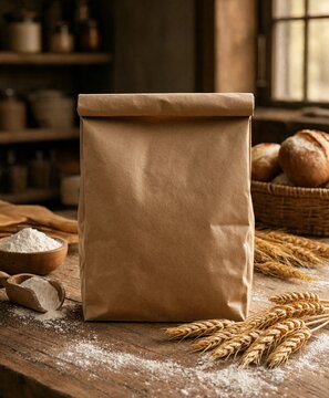 Blank brown kraft paper bakery bag mockup with wheat stalks, flour and artisan bread on rustic wooden table
