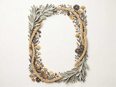 Floral wreath paper cut frame with botanical elements and braided straw border for wedding invitation.