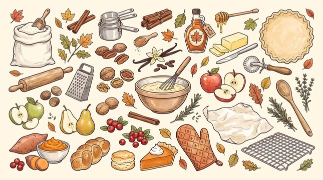 Autumn baking ingredients and tools collection