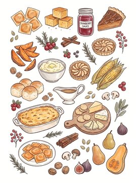 Thanksgiving dinner food elements collection isolated on white background