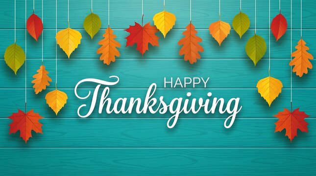 Happy thanksgiving greeting card with hanging autumn leaves on blue wooden background
