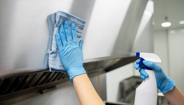 A worker in blue gloves spraying cleaning detergent and wiping the shiny surface of a stainless steel commercial kitchen exhaust hood with a microfiber cloth, close up view.