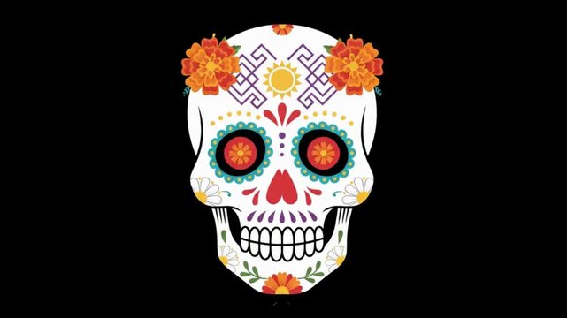 Elegant sugar skull skull animation with floral decorations and festive patterns for Day of the Dead celebration