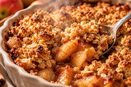 Homemade Apple Crisp with Cinnamon Oat Crumble Topping Served Warm from Baking Dish