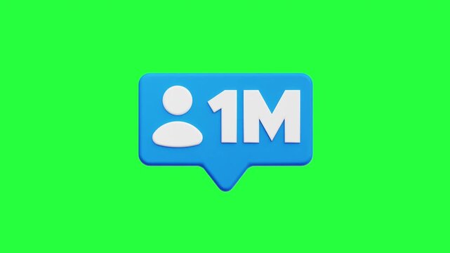 3D 1M Followers Social Media Notification Icon Floating Animation on Green Screen Background Social Media, Communication, and Online Engagement Concept