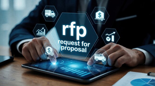 Businessman uses tablet displaying RFP request for proposal with business icons. He interacts with digital data, planning future projects and strategy on his desk.