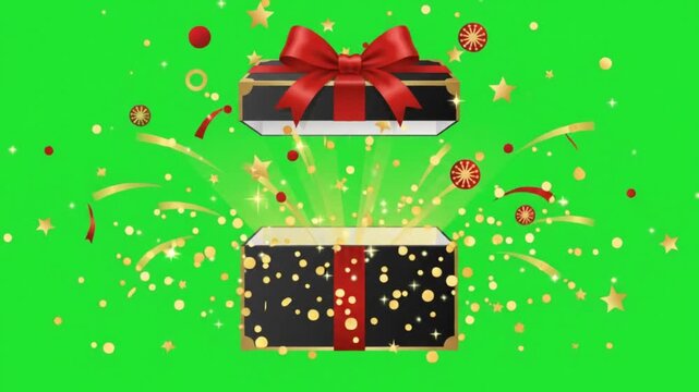 Black and red gift box opening with glittering confetti explosion and magic sparkles on green screen