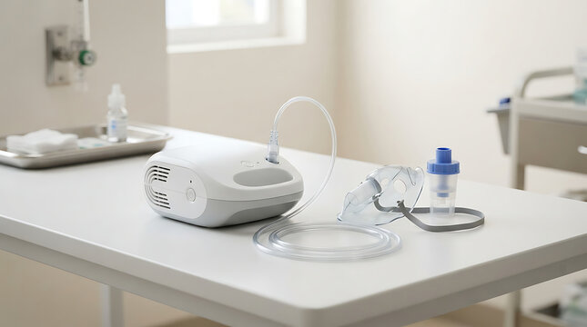 Portable Medical Nebulizer Machine With Respiratory Face Mask for Inhalation Therapy Set Up on a White Clinic Hospital Table