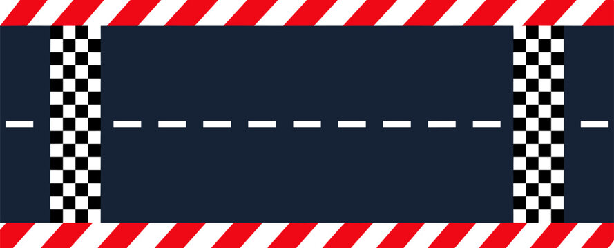Top view of race track with black and white checkered finish line, red and white hazard stripes, asphalt road, speed racing competition background