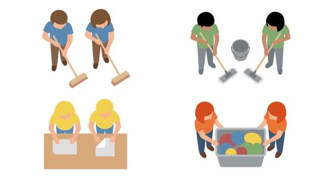 Top down view of people performing various daily household chores and cleaning tasks, maintenance work and domestic activity, teamwork service