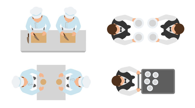 Top down view of chefs cooking in kitchen and waiters serving plates at tables, restaurant staff routine, service personnel workflow