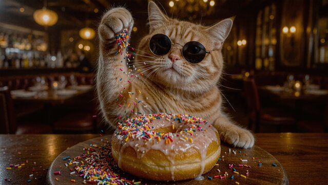 Funny chubby tabby cat wearing round sunglasses imitating the famous salt bae meme, dramatically sprinkling colorful sugar confetti on a glazed donut in a luxury restaurant, stock illustration
