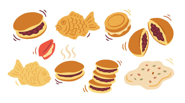 Set of traditional japanese street food snacks including taiyaki fish shaped cakes and dorayaki pancakes, delicious sweet desserts, flat style