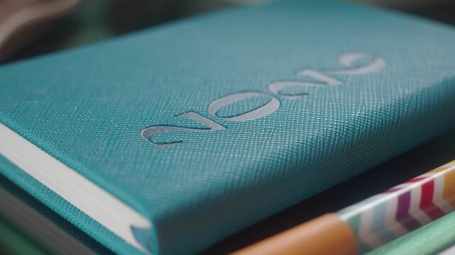 Macro view of blue textured diary with embossed note text and colorful pen beside it in natural lighting