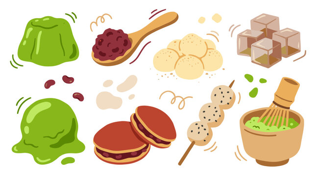 Collection of traditional Japanese matcha sweets and snacks, mochi, dango, dorayaki, tea ceremony set, menu illustration for cafe, culinary arts