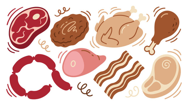 Set of various raw meat products, pork beef chicken steak sausage bacon ham, hand drawn doodle style elements for restaurant menu or cooking blog
