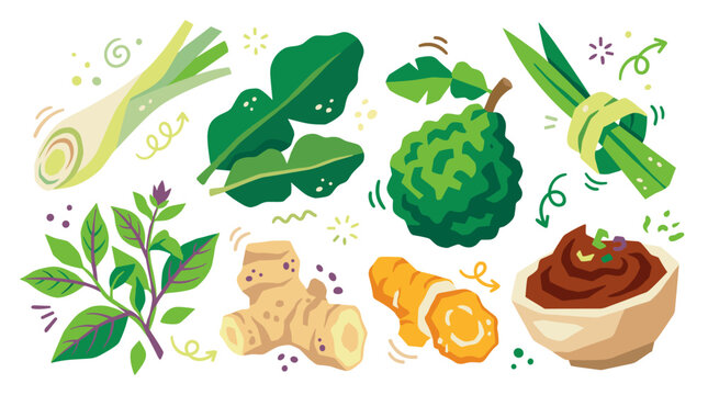 Set of fresh aromatic herbs and spices including lemongrass, kaffir lime leaves, galangal, turmeric, and chili paste for seasoning, cooking