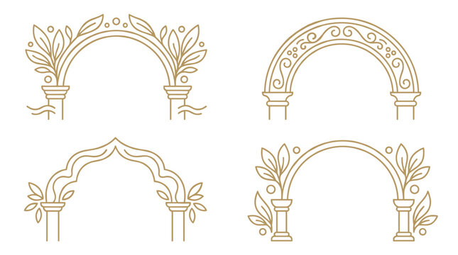 Set of four linear gold decorative arches with botanical leaves and floral patterns, elegant frame elements for invitations, menu design, wedding